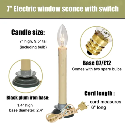 Vista 2 de SUNSGNE Juego de 4 velas eléctricas para ventana, 7 pulgadas enchufables con bombillas C26 de 7 W, velas eléctricas con base de hierro de ciruela