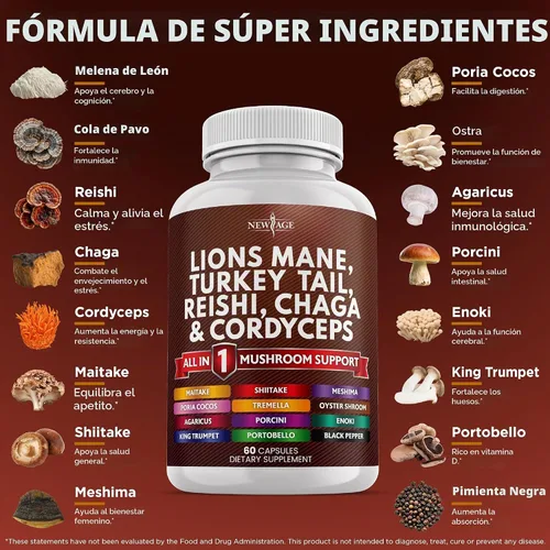 Vista 2 de NEW AGE Lions Mane 3000mg Suplemento de hongo 20 en 1 con cola de pavo 2000 mg Reishi 1000 mg Cordyceps Chaga 1000 mg con raíz de malvavisco 60