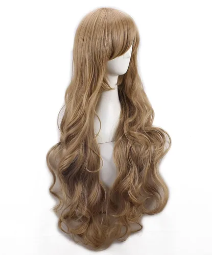 Vista 4 de Pelucas de cosplay de anime para mujer, con flequillo, largo, ondulado, marrón claro, resistente al calor, pelo de fibra para Halloween, cómic
