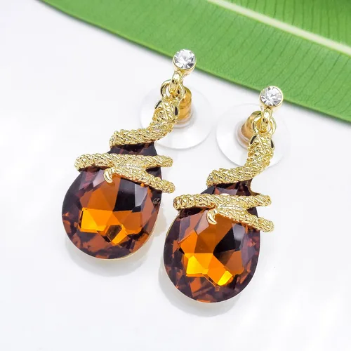 Vista 26 de Navachi Pendientes colgantes de gota de serpiente con forma de pera multicolor de cristal chapado en oro de 18 quilates