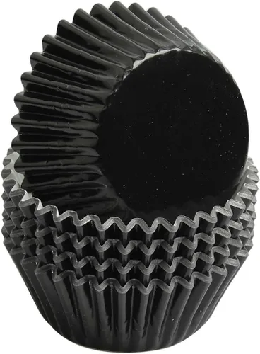 Vista 3 de Forros para cupcakes de papel de aluminio negro, 100 tazas de papel metálico para hornear para fiestas de cumpleaños, bodas o baby showers