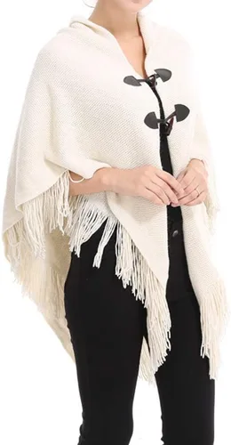 Vista 3 de Poncho suelto para mujer con elegante botón de trompeta, abrigo sin botones