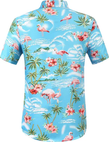 Vista 2 de SSLR Paquete de camisa hawaiana para hombre, camisa de manga corta con flamenco casual con botones, camisa de playa de verano