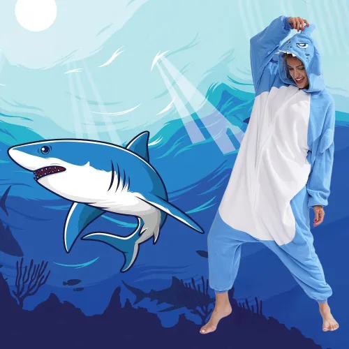 Vista 2 de Pijama de tiburón para adultos, disfraz de tiburón de una pieza, pijamas de animales para el hogar, ropa de dormir para mujeres y hombres, rosa