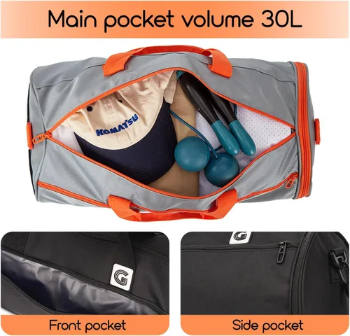 Vista 4 de Bolsa de gimnasio para hombres y mujeres, bolsa deportiva de entrenamiento con bolsillo húmedo y compartimento para zapatos, Negro