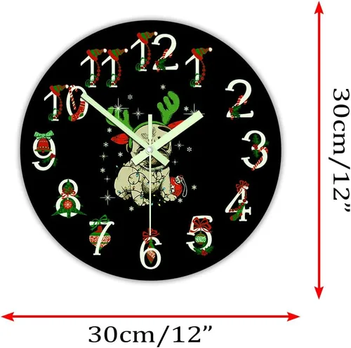 Vista 8 de The Geeky Days Reloj que brilla en la oscuridad, adorno de Navidad Pug funciona con pilas, reloj de pared luminoso de cuarzo silencioso con diseño