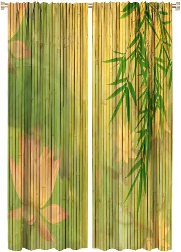 Vista 39 de Cortinas con estampado de bambú, tallos y hojas de bambú, temática oriental natural, oscurecimiento de habitación, ventana, ventana, cortina
