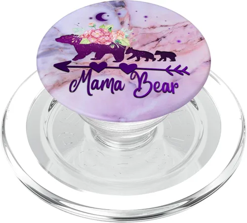 Vista 8 de Oso de mamá púrpura con dos cachorros sobre fondo rosa azul gris PopSockets intercambiable PopGrip
