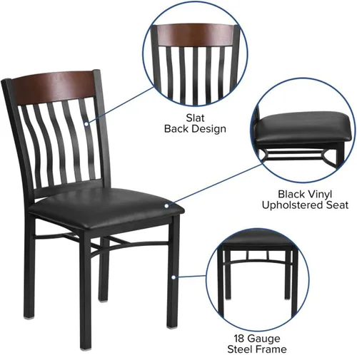 Vista 6 de Flash Furniture Eclipse Series Silla de restaurante con respaldo vertical de metal negro y madera de nogal con asiento de vinilo negro