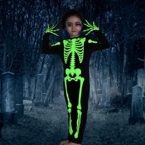Vista 8 de Disfraz de esqueleto para niños que brillan en la oscuridad, disfraz de esqueleto para niños y niñas, fiesta de Halloween 4T