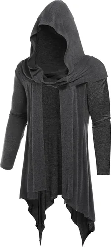 Vista 6 de Cárdigan largo con capucha para hombre, con volantes, cuello de chal, parte delantera abierta, ligero, con bolsillos