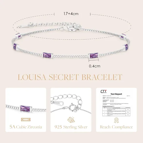 Vista 4 de LOUISA SECRET Birthstone Bracelets for Women Girl, 925 Sterling Silver Dainty Simple Women Charm Link Bracelet, Birthday Anniversary Jewelry Gifts