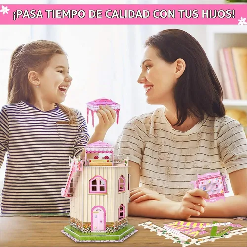 Vista 2 de Rooftop Romance 3D Puzzle casa de muñecas para niñas, kit de construcción de casa de muñecas en miniatura 3D fácil de montar con luz LED para niños