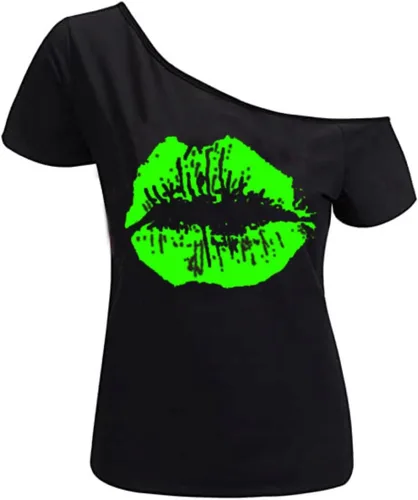 Vista 39 de MAGICMK - Camiseta casual para mujer, con estampado de labios y hombro descubierto, talla extragrande