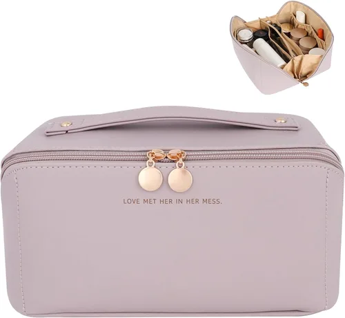 Vista 12 de 3 bolsas de maquillaje de viaje portátiles de gran capacidad para mujeres, estuche organizador de maquillaje plano abierto, bolsa organizadora