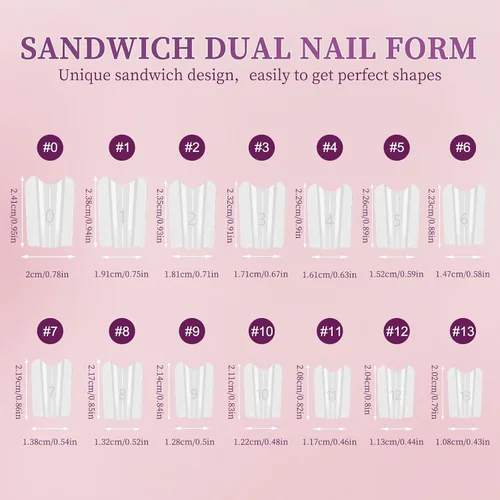 Vista 16 de 280 formas de uñas dobles tipo sándwich, 14 tamaños, forma ovalada para gel constructor, moldes de extensión de uñas reutilizables de cobertura