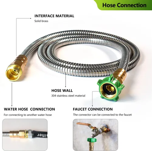 Vista 4 de Manguera de Jardín Corta de Metal de 1 Pie - Manguera de Agua Flexible de Acero Inoxidable Conector - Manguera Pequeña Liviana con Conexiones
