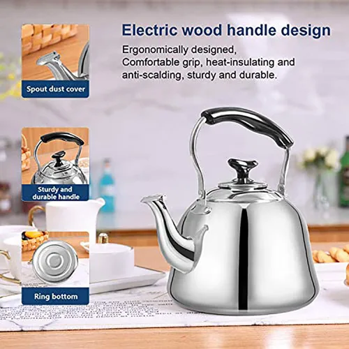 Vista 6 de Hervidor de té silbante de acero inoxidable para estufa, tetera de 2 cuartos de galón de ebullición rápida con mango plegable de tacto frío