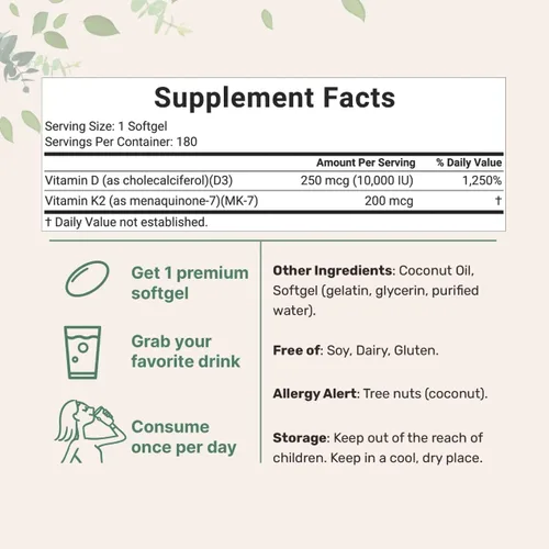 Vista 7 de Vitamina D3 5000 UI con K2 MK-7 100 mcg, 300 cápsulas blandas - Aceite de coco virgen de alta potencia, apoyo óseo, corazón e inmune - Sin OMG