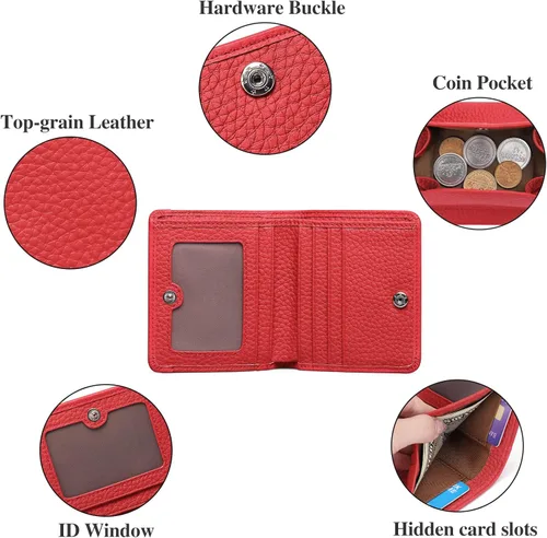 Vista 4 de SENDEFN Monedero de piel auténtica para mujer, tarjetero con bloqueo RFID, Z-Rojo, Monedero pequeño
