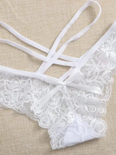 Vista 3 de WDIRARA Conjunto de 3 bragas de encaje floral con tirantes cruzados para mujer
