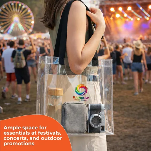 Vista 4 de Bolsas de mano personalizadas para estadios, transparentes personalizadas, diseño de TPU de 12.2 x 12.2 x 6.3 pulgadas con asas, ideal para eventos