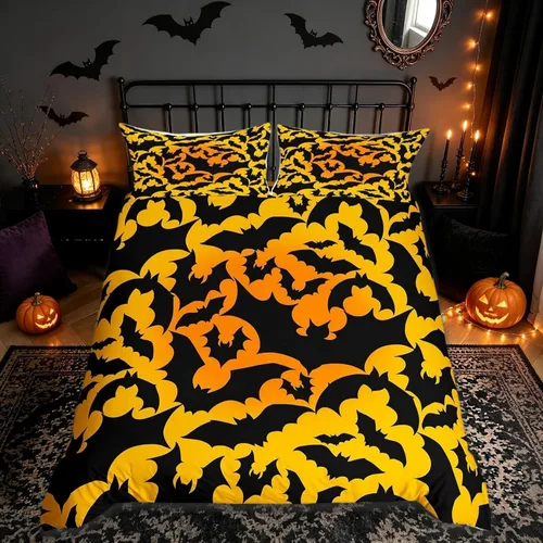 Vista 12 de Juego de funda de edredón con temática de Halloween, tamaño individual, estampado de animales salvajes de murciélagos rosados para niños y niñas