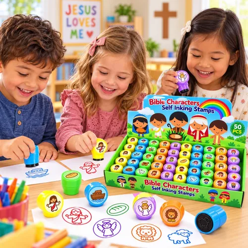 Vista 2 de TINYMILLS 50 piezas de personajes bíblicos religiosos surtidos sellos para niños
