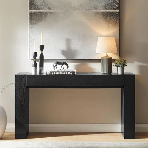 Vista 8 de OKD Moderna mesa consola de entrada, mesa de sofá con cajones, mesa de pasillo de 63 pulgadas de largo detrás del sofá, diseño de madera gruesa