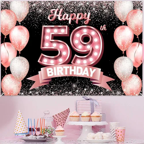 Vista 143 de Cartel de feliz cumpleaños décimo oro rosa, telón de fondo, saludos a 10 años, globos de confeti, decoración temática para niñas de 10 años
