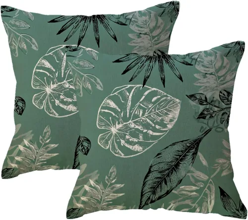 Vista 9 de Juego de 2 fundas de almohada de hojas de Monstera con diseño de hojas de palmera tropical, con temática botánica, fundas de almohada decorativas