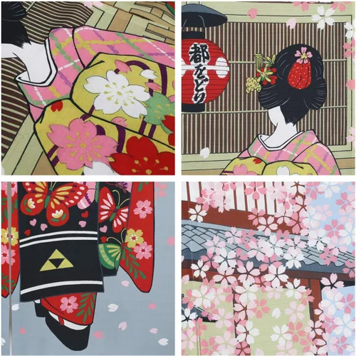 Vista 3 de Cortina japonesa Noren para puerta, Kyoto Geisha Girls con flor de cerezo, divisor de habitación para decoración del hogar, 33 x 59 pulgadas