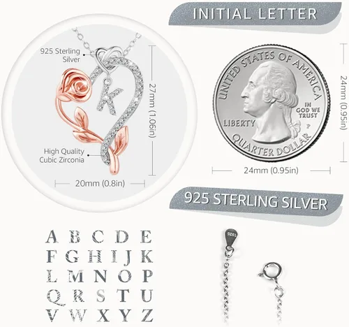 Vista 3 de SNZM Initial Necklaces for Women-925 Sterling Silver Rose Heart Letter Pendant Necklace with 5A Cubic Zirconia Dainty Jewelry Birthday Valentines