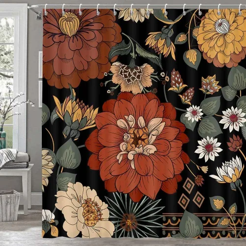 Vista 21 de Torich Cortina de ducha bohemia floral para baño, abstracta de mediados de siglo, decoración bohemia, cortinas de baño, flores botánicas, hojas