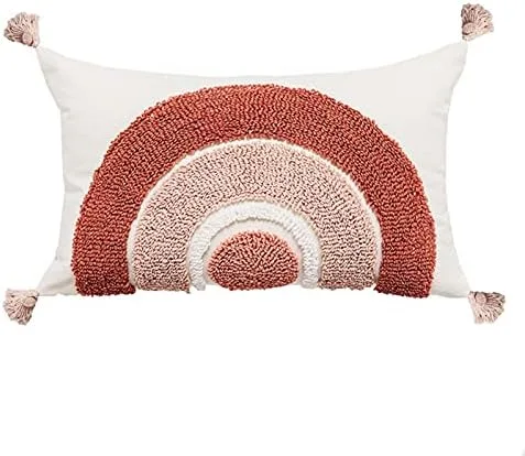 Vista 10 de Bonita funda de almohada lumbar tejida de algodón rosa con borlas y diamantes étnicos bohemios indios con borlas, funda de cojín acogedora