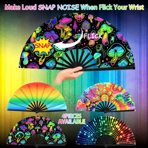 Vista 5 de Blulu 4 abanicos de mano plegables grandes de 13 pulgadas, abanicos gigantes que aplauden para rave, plegables para decoración de fiestas de baile