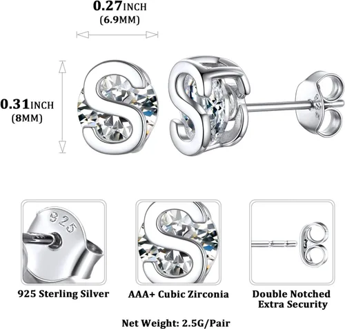 Vista 5 de ChicSilver Aretes pequeños con inicial para mujer, plata de ley 925 con circonita cúbica, hipoalergénicos (con caja de regalo)