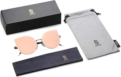Vista 6 de SojoS SJ1022 anteojos de sol con lentes lisos y espejados con forma de ojos de gato, con marco de metal liviano y ultradelgado, para mujer
