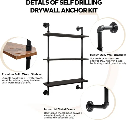 Vista 5 de Estante flotante de tubo industrial de 3 niveles, estante de almacenamiento rústico de madera de 24 pulgadas montado en la pared para cocina, Negro