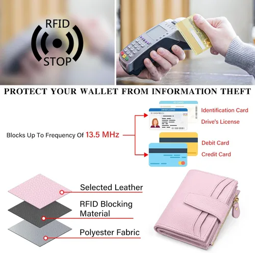 Vista 4 de oscaurt Cartera pequeña para mujer, con bloqueo RFID, plegable, compacta, para tarjetas de crédito, carteras de cuero para mujeres con bolsillo