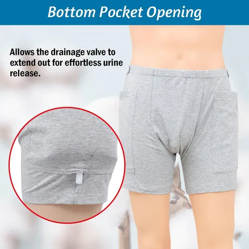 Vista 4 de Pantalones de ostomía para hombre para bolsa de orina, ropa interior de incontinencia posoperatoria con bolsillo de drenaje, algodón transpirable