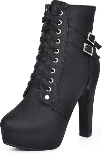 Vista 24 de Susanny Botas de tacón alto para mujer, Botas de plataforma con tacón sexy de puntera redonda con agujetas, tacón alto, botas de media pantorrilla