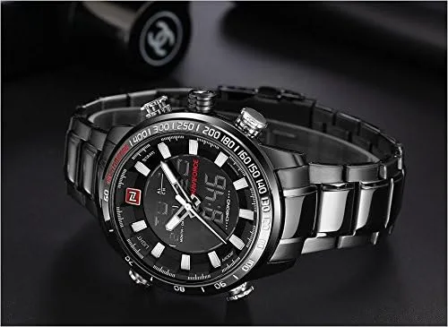 Vista 5 de NAVIFORCE - Reloj de pulsera deportivo para hombre resistente al agua multifunción acero inoxidable analógico digital LED cuarzo color blanco y negro