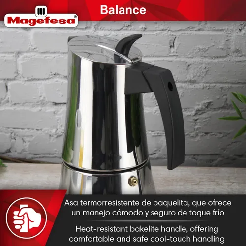 Vista 5 de Magefesa Balance - Cafetera de café expreso de acero inoxidable de 6 tazas, cafetera italiana clásica con mango y perilla de baquelita, cafetera