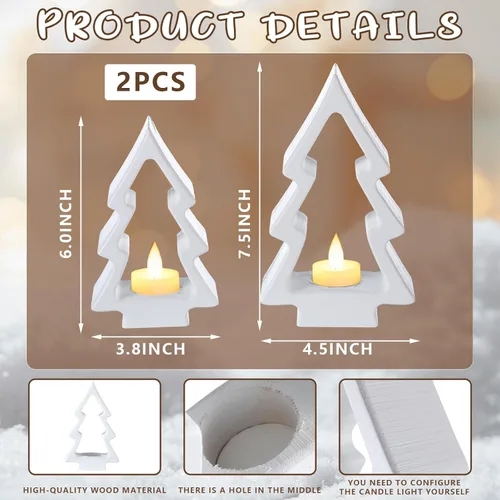 Vista 2 de AceOrbit 2 portavelas de árbol de Navidad, portavelas de madera blanca, candelabros rústicos de madera para decoración de mesa de Navidad, centro