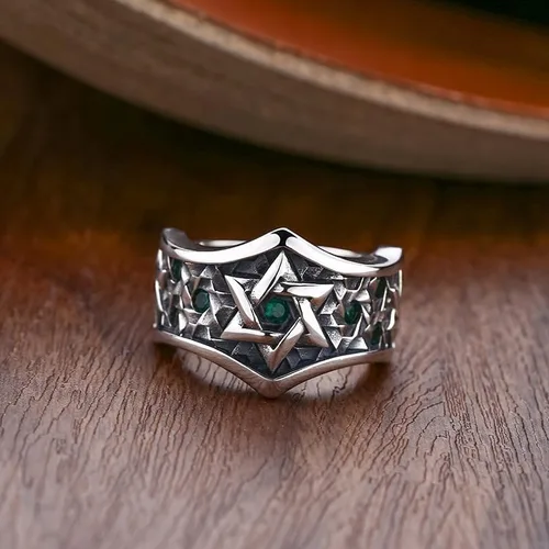 Vista 4 de Anillo vintage de plata de ley 925 con estrella de David judía con circonita cúbica para hombres y niños abierto ajustable, Metal, Zirconia cúbica