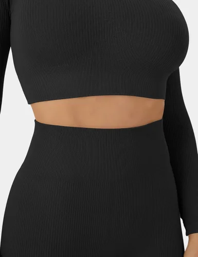 Vista 5 de Buttergene Conjuntos de entrenamiento para mujer, 2 piezas, de manga larga, para yoga, gimnasio, sin costuras, acanalada, con cintura alta, leggings