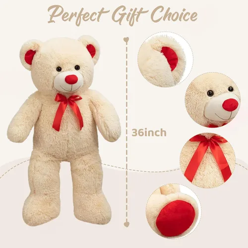 Vista 5 de Enorme Oso de Peluche Animal de Peluche Oso de Peluche Gigante con Lazo de Cinta Roja Juguete de Peluche de Día Regalo para Novia y Niños 36 Beige