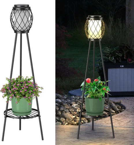 Vista 12 de MXwcy Lámpara de pie solar con soportes para plantas, luces solares para exteriores con bombillas LED Edison vintage, luces de jardín resistentes a