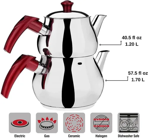Vista 3 de Juego de tetera turca de acero inoxidable para estufa, tetera doble con colador, asas rojas, calentador de agua Samovar para té turco